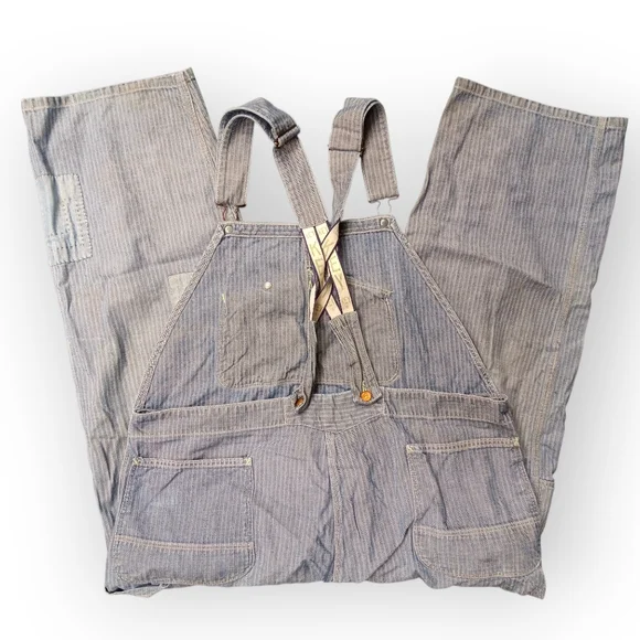 Vtg Key Imperial Hickory Striped Bibs - Patched Aged Patina - Picture 2 of 6